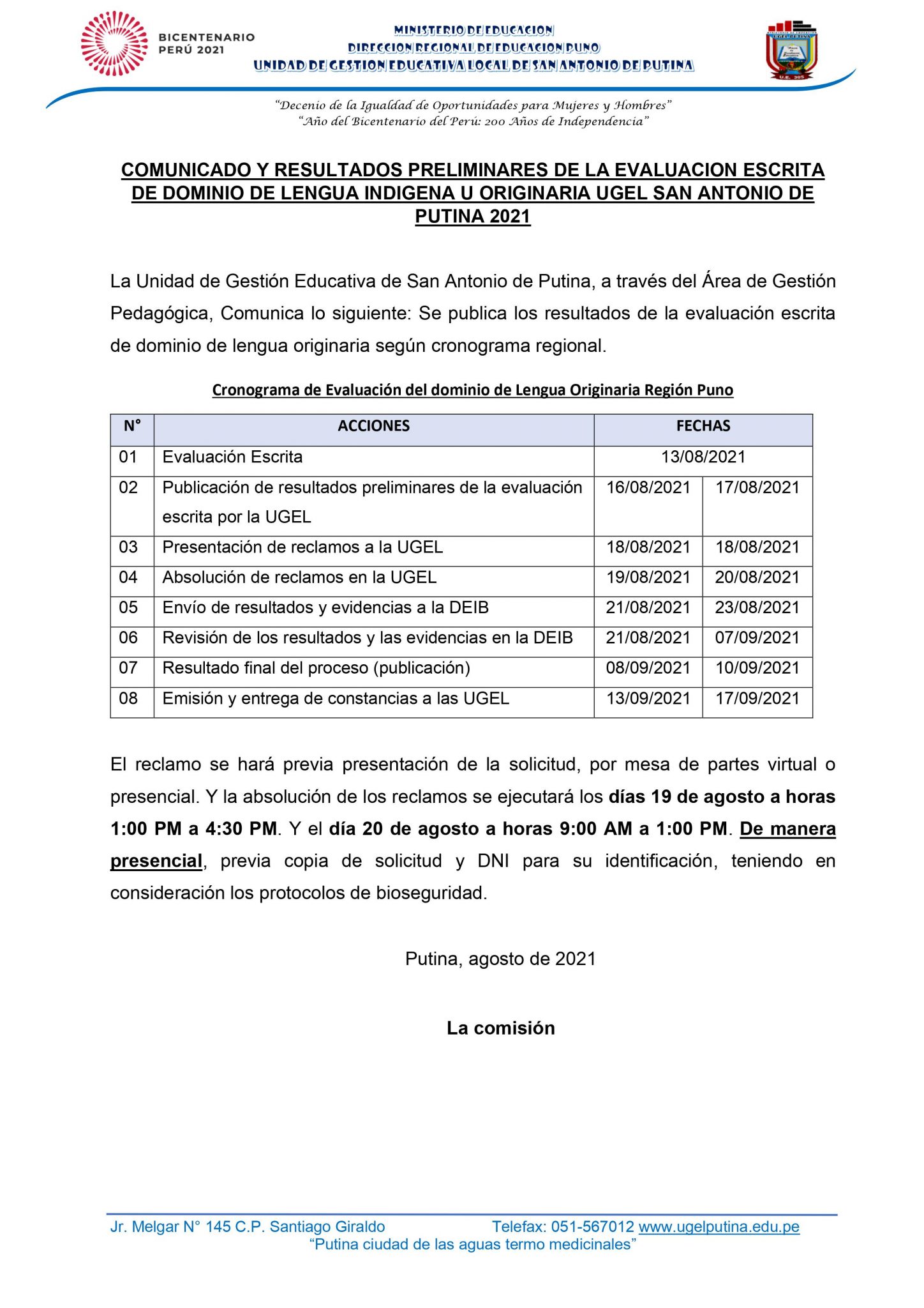 COMUNICADO: EVALUACION DE DOMINIO DE LENGUA ORIGINARIA EIB – UGEL Putina