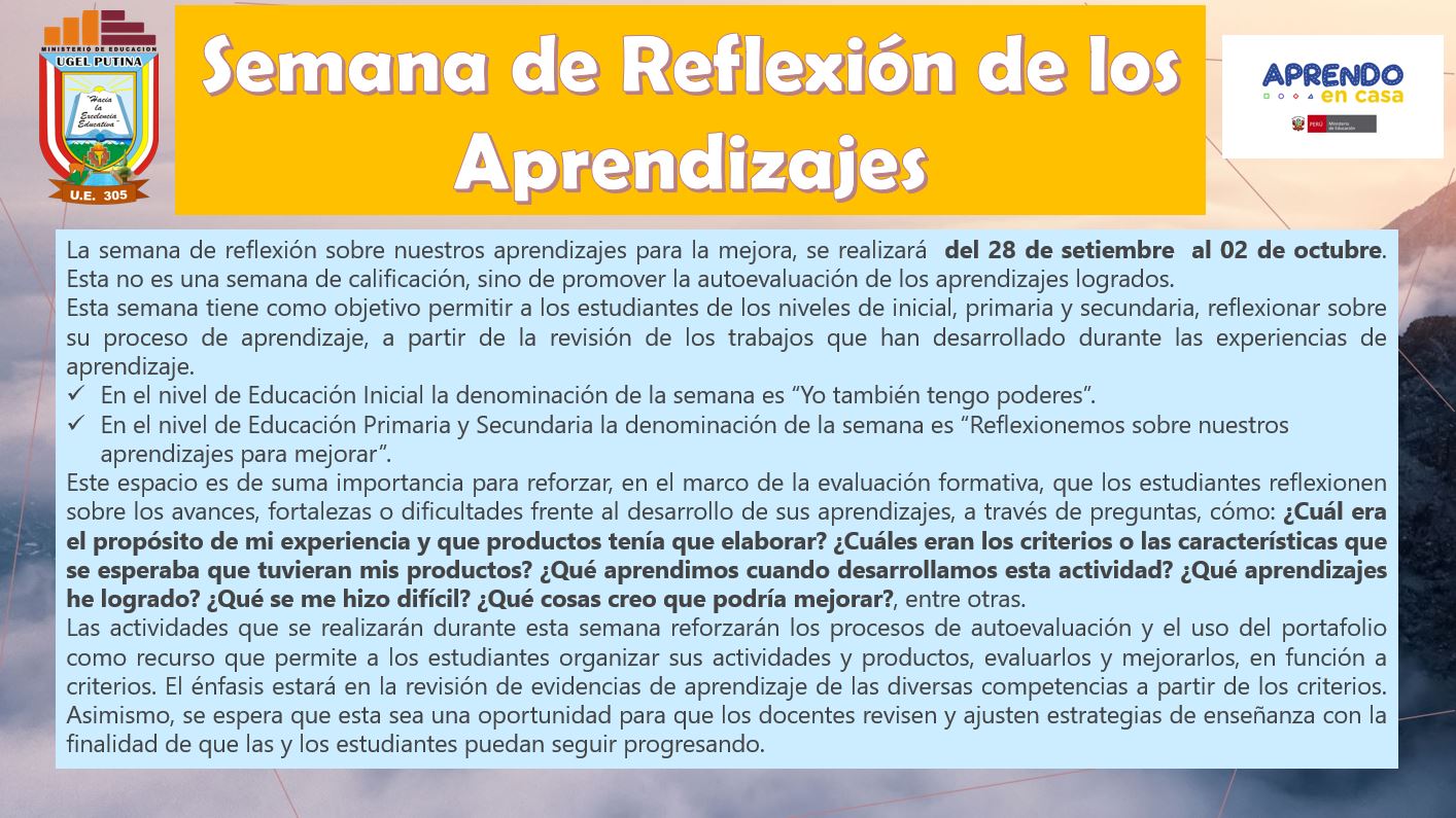 ORIENTACIONES: Semana De Reflexión De Los Aprendizajes – UGEL Putina